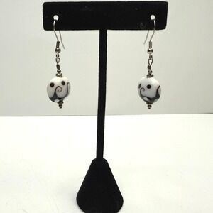 Glass Dangle Drop Earrings White Black Swirls Silver Tone Fashion Jewelry 2 in L